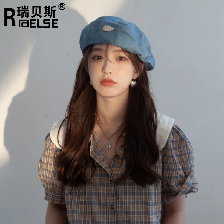 日系金属标贝雷帽子女牛仔布小众画家帽休闲百搭显脸小蓓蕾帽潮