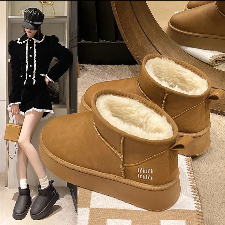 网红厚底雪地靴皮面防水防滑东北加绒加厚保暖棉鞋一脚蹬懒人棉靴