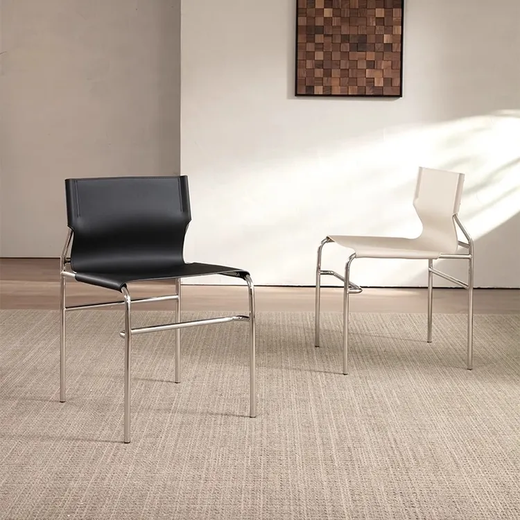 欧盛雅意式马鞍皮餐椅靠背家用现代简约凳子不锈钢餐椅设计师椅子