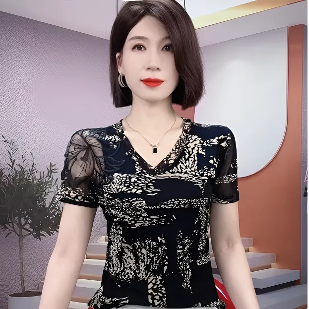 洋气时髦t恤女上档次大码女装打底衫夏纱网印花短袖修身洋气上衣