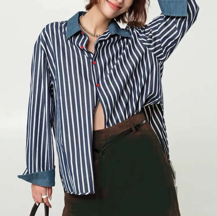小众设计感气质时尚衬衣牛仔布拼接棉条纹宽松时髦百搭休闲衬衫女