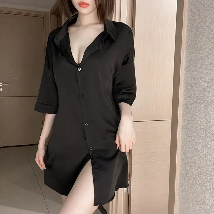 性感男友风大码宽松夏季网红衬衫睡衣纯欲诱惑短袖镂空衬衣睡裙