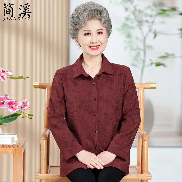 简溪老年人春装女奶奶长袖衬衫中老年妈妈春秋季薄款外套洋气衣服