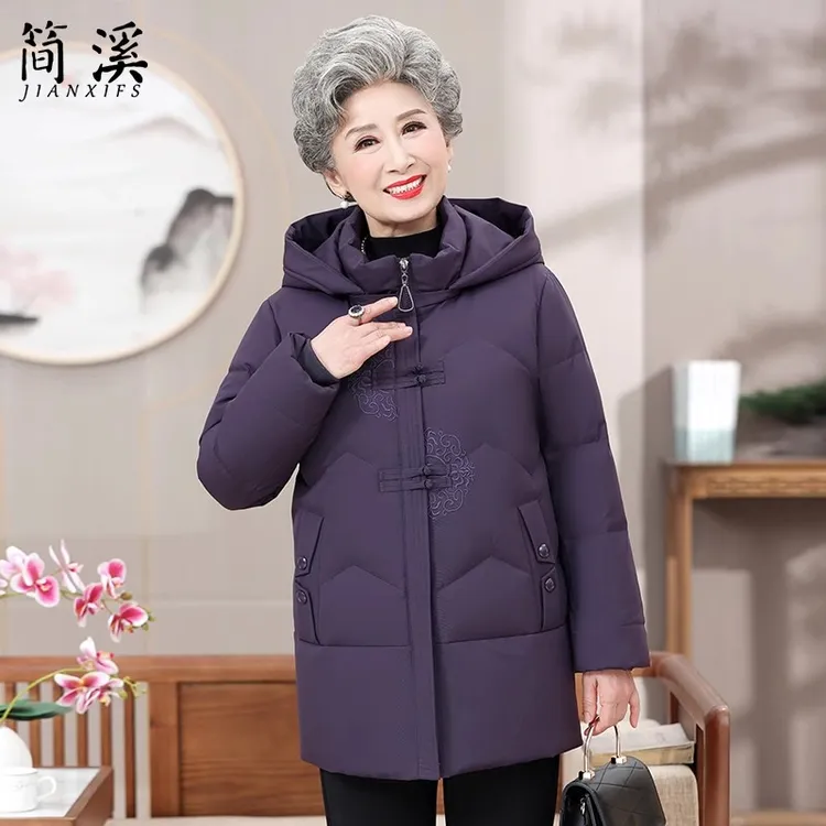 老年人羽绒服女奶奶加厚外套妈妈冬装中长款70岁80老人老太太棉服