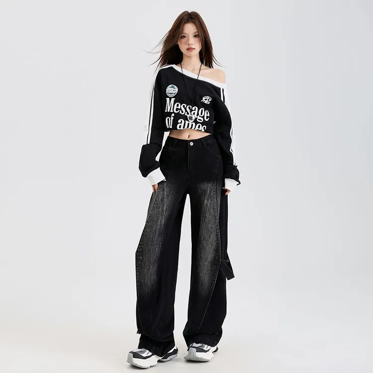 美式高街春季新款牛仔裤女辣妹宽松显瘦垂感拖地裤时尚休闲阔腿裤