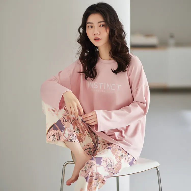 面料柔软秋冬季棉质睡衣女长袖套装甜美卡通少女圆领女家居服套装