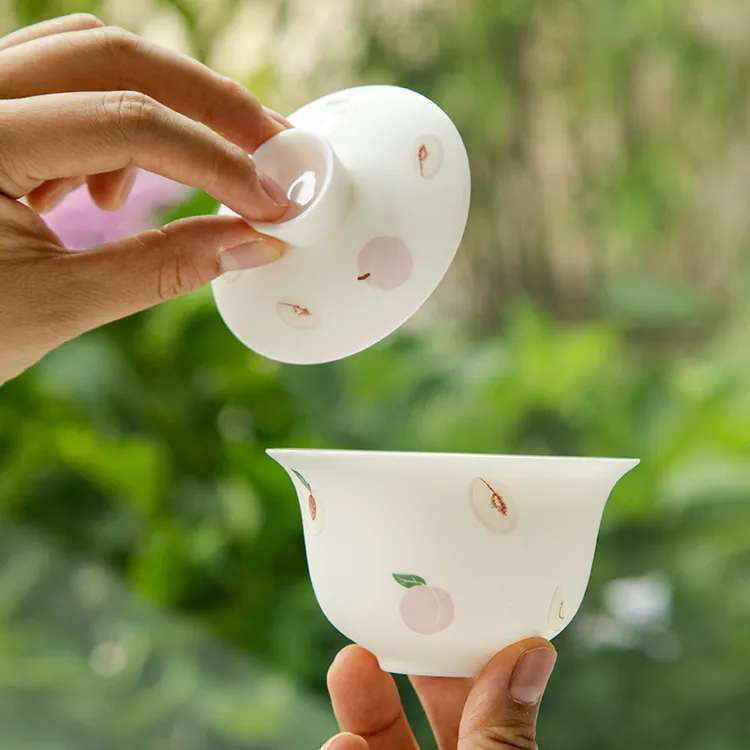 浮生三味 水蜜桃素烧羊脂玉瓷二才盖碗茶杯陶瓷茶具茶碗白瓷高档
