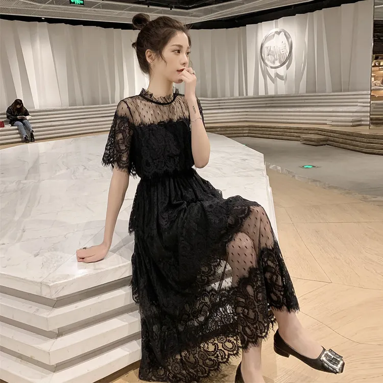 夏季蕾丝网纱收腰显瘦仙气飘飘温柔风长款气质高级感轻奢连衣裙女