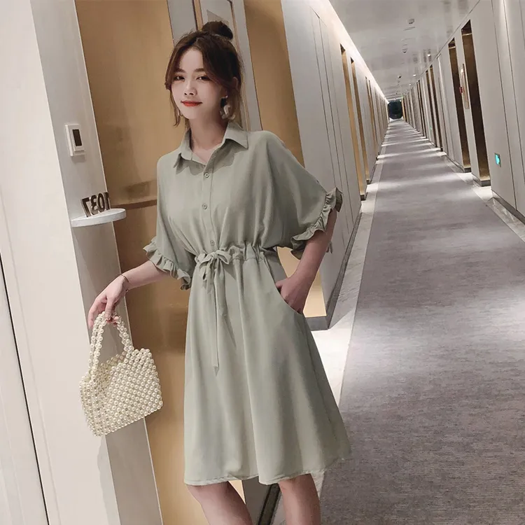 慵懒风雪纺衬衫式连衣裙女夏季系带收腰宽松显瘦中长款休闲衬衣裙