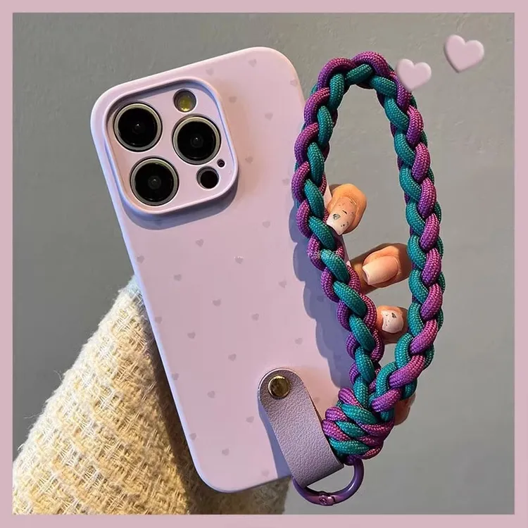 丁香紫爱心液态硅胶手提绳适用iPhone16promax手机壳苹果15pro/14