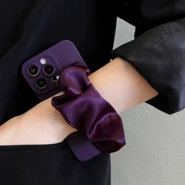 暗紫色褶皱丝巾腕带手机壳适用华为Pura80斜挎绳Mate70Nova13苹果