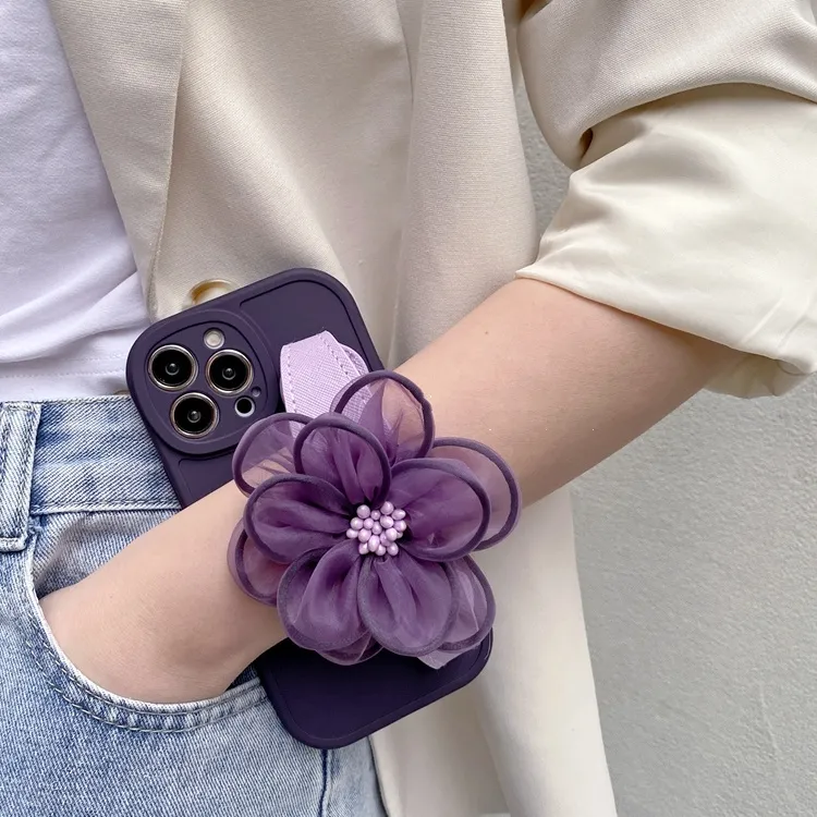 紫色欧根纱花腕带适用OPPO手机壳Reno13/Findx8Pro一加ACE5苹果17