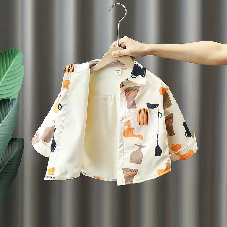 男童加绒衬衫2023新款儿童炸街加厚衬衣帅气外套男孩保暖宝宝外穿