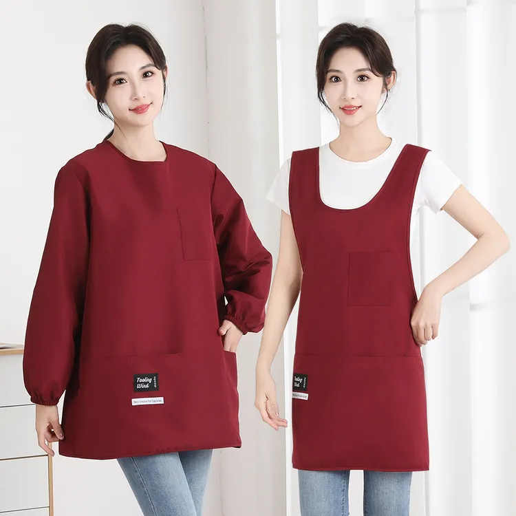 家用耐污耐磨长袖交叉带围腰围裙防水防油罩衣定制logo印字工作服