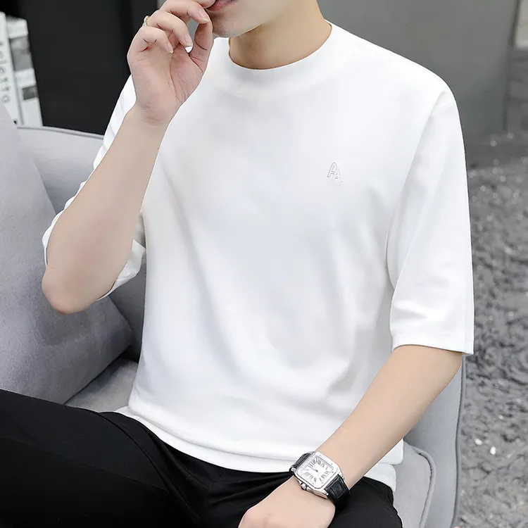 七分袖男士短袖t恤新款圆领刺绣潮牌ins上衣中袖宽松白色百搭半袖