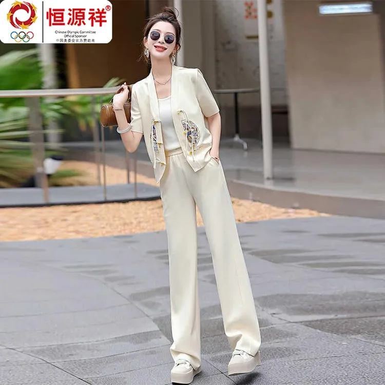 恒源祥彩羊休闲运动套装女2024夏季新款新中式刺绣减龄时尚小个子