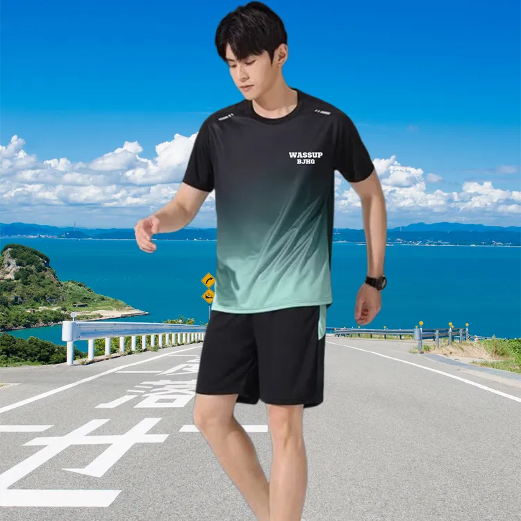 速干男女同款套装夏季透气渐变色休闲宽松球服套装