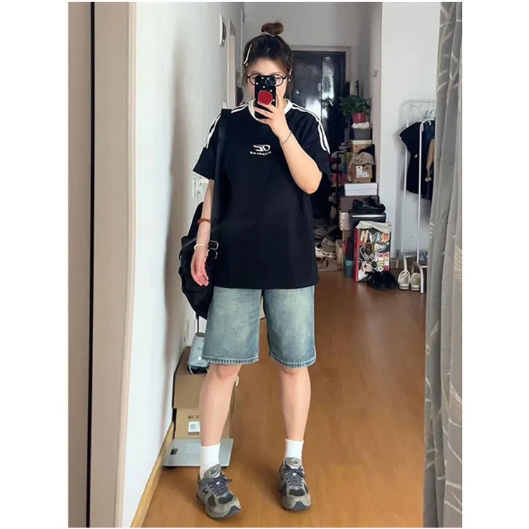2-300斤胖mm阔腿牛仔短裤女夏季梨型身材大码女装显瘦直筒五分裤