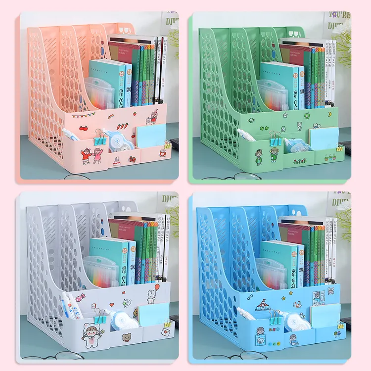 带笔筒环保原材料书架加厚文件架三栏收纳盒立式文件资料架置物架