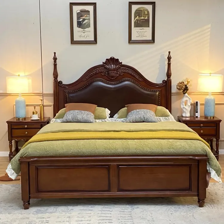 美式实木双人主卧大床简约复古欧式双人床古典雕花奢华储物成套