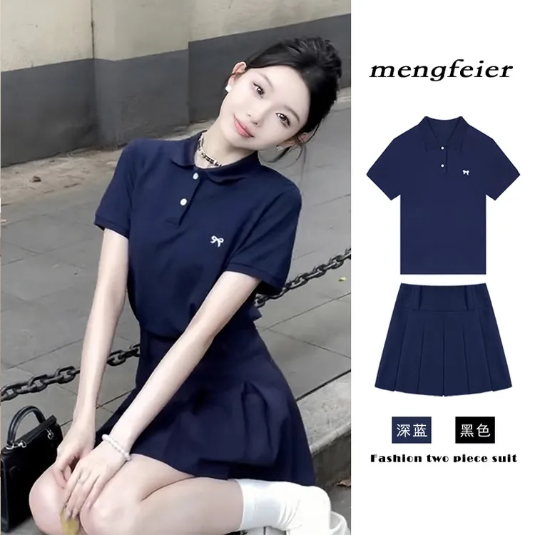 欧货气质时尚学院风女夏季流行显瘦刺绣polo短袖上衣半身裙休闲