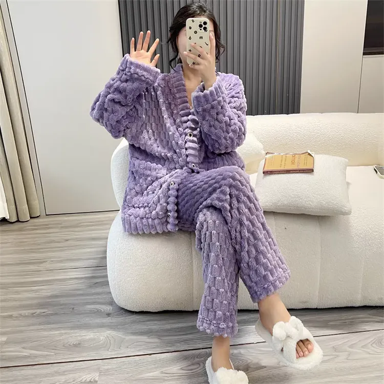 秋冬紫色珊瑚绒睡衣套装女宽松加厚温柔家居服2265加绒甜美