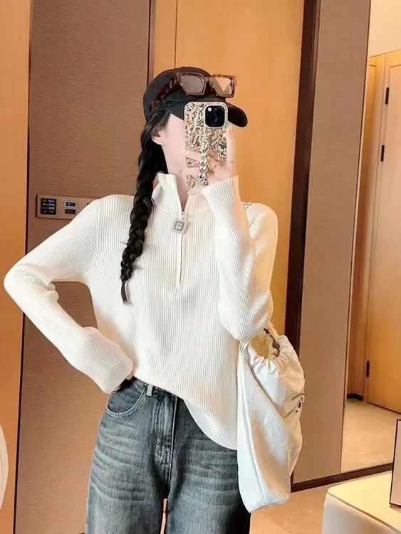 时尚百搭显瘦修身长袖高领拉链针织衫