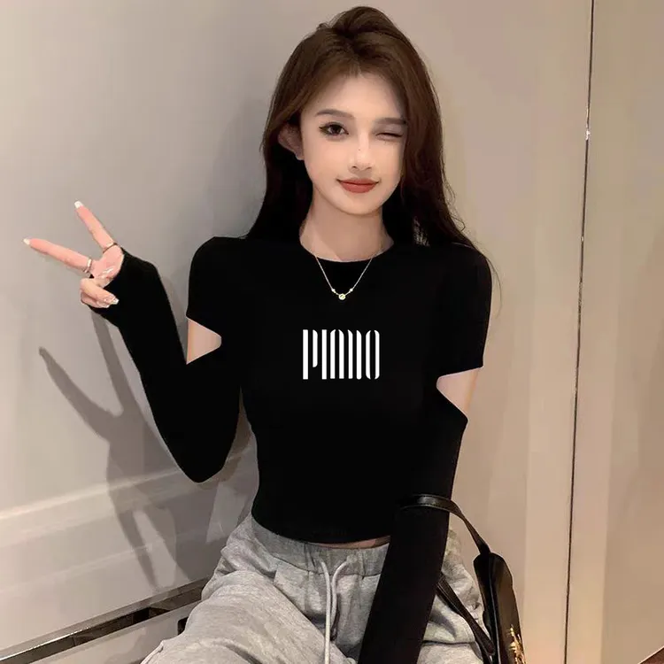 洋气修身辣妹设计感秋季割破袖印花短款打底衫女高腰长袖t恤上衣