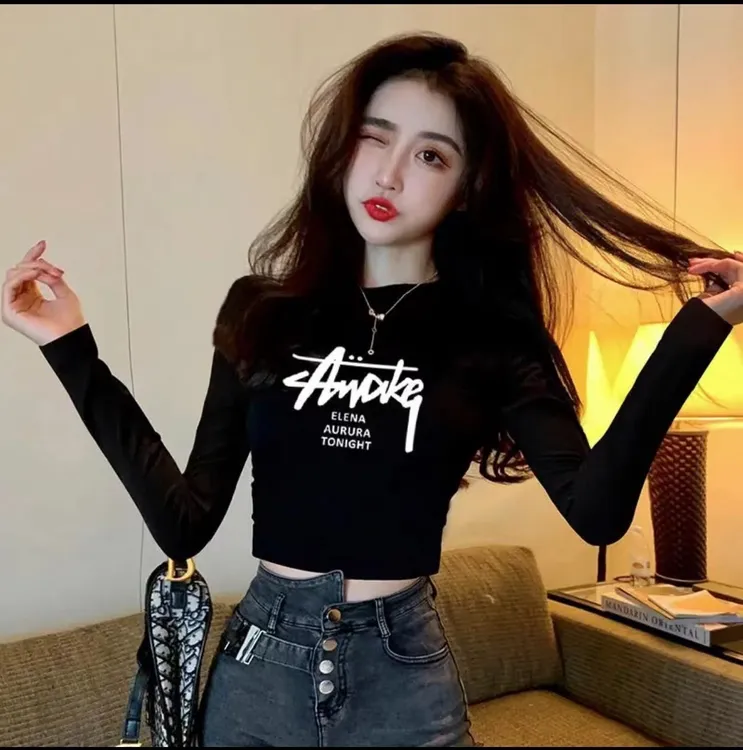 黑色短款长袖打底衫女修身显瘦初秋新款露脐纯棉印花洋气上衣高腰
