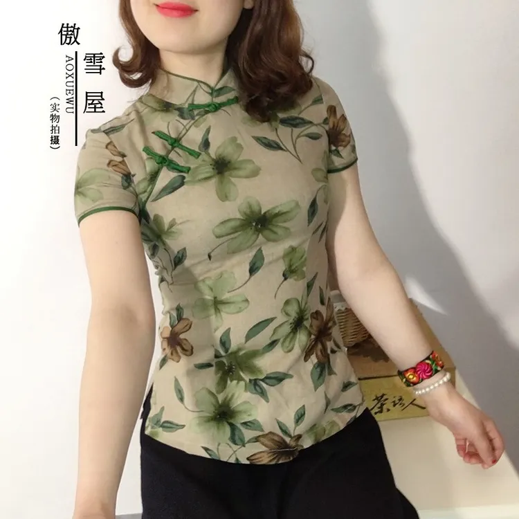 中国风复古棉麻清凉盘扣女装改良短袖旗袍中式唐装茶艺服修身显瘦