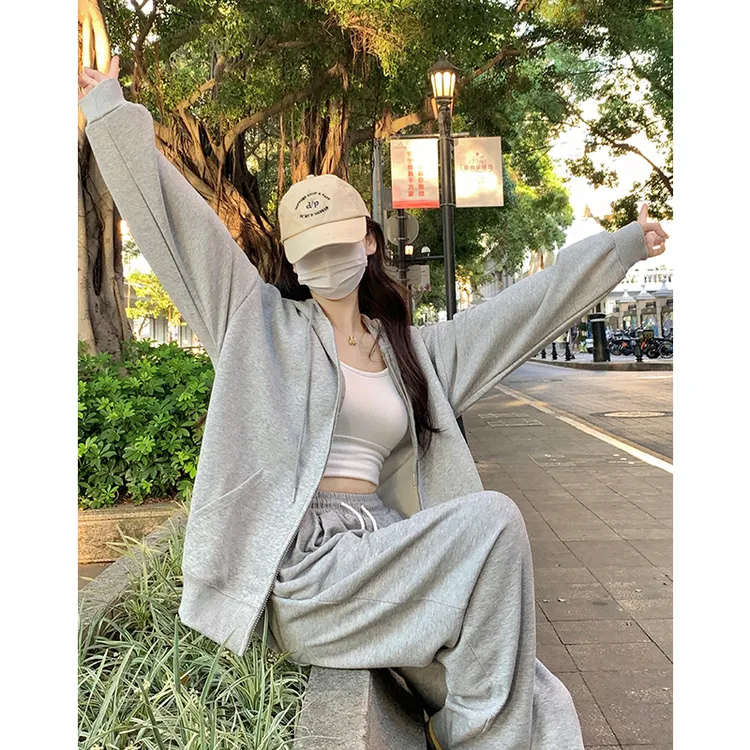 秋季灰色连帽卫衣外套女春秋款2024新款爆款初秋运动套装休闲开衫