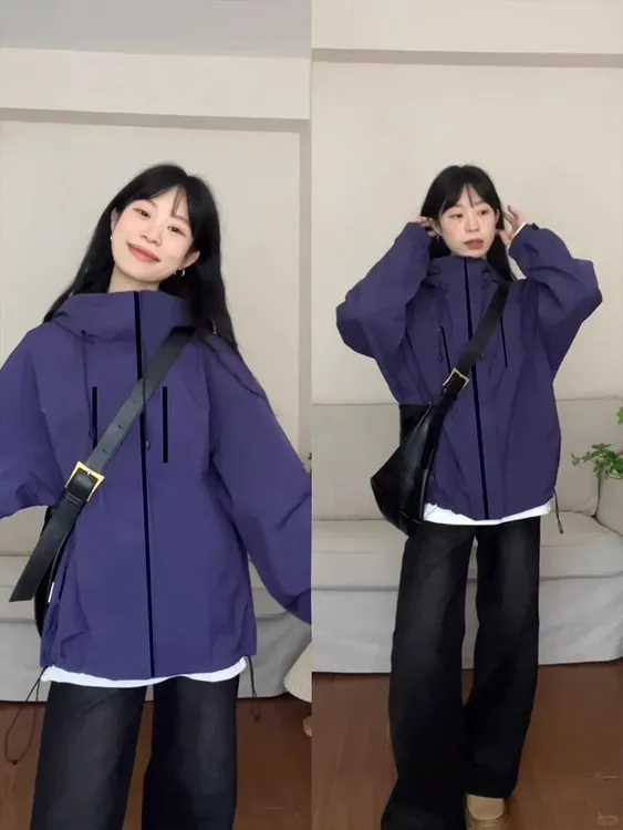 三合一冲锋衣女款2025新款户外登山外套女春秋款紫色上衣川西穿搭