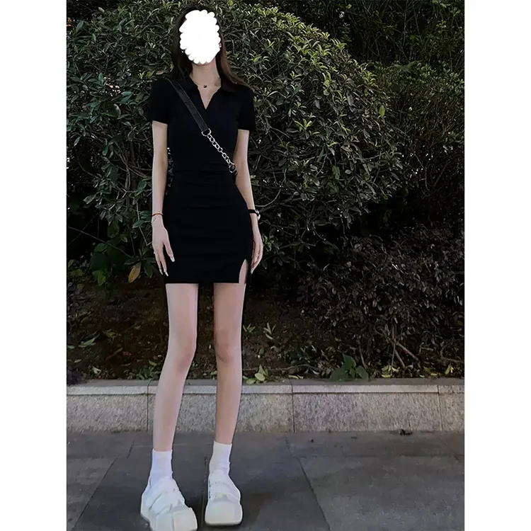 夏黑色polo包臀连衣裙女美式辣妹修身酷拽甜辣短裙子套装2025新款