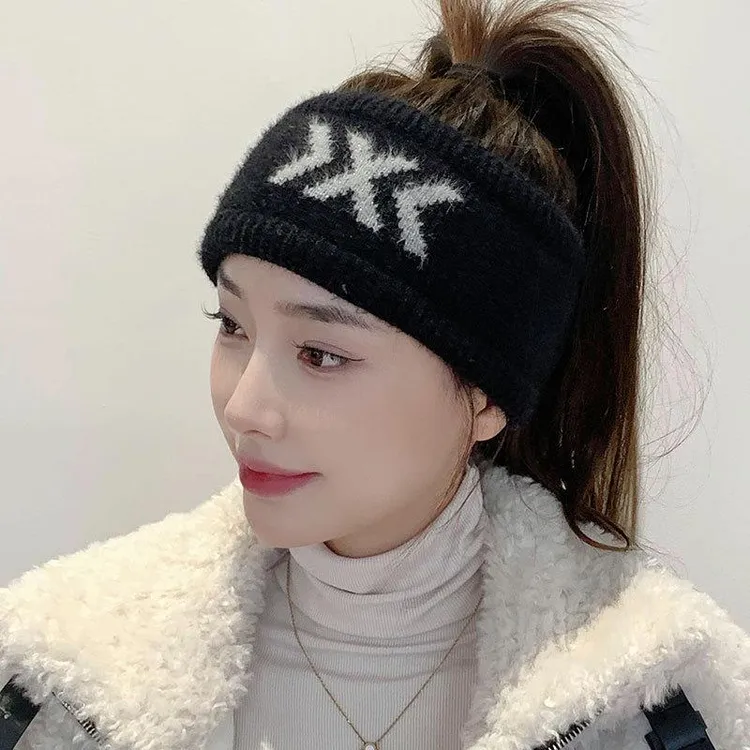 秋冬女保暖户外运动跑步头套发带发箍毛线针织宽边帽子护白发头套