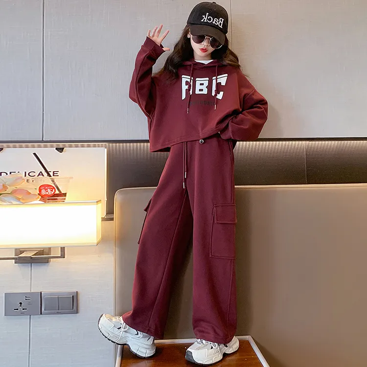 女童字母印花工装裤套装春秋2024新款中大童短款卫衣连帽宽松洋气