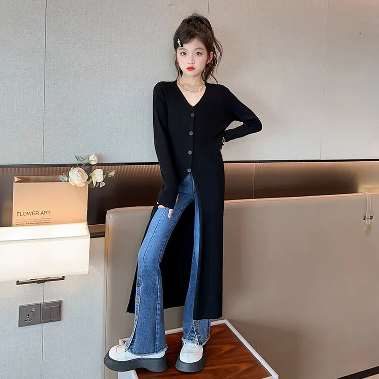 女童秋装2024新款儿童春秋款洋气长款外套女大童秋季毛衣针织开衫