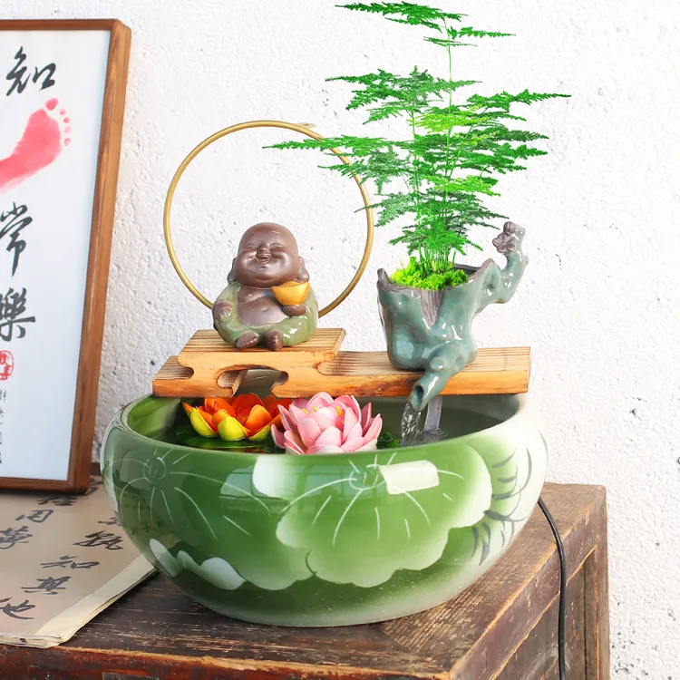 桌面鱼缸水循环摆件装饰品增氧造景庭院古法养鱼圆形流水器茶室