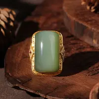 【泓贝珠宝-L493】18k金镶嵌和田玉碧玉粉青猫眼方形戒指
