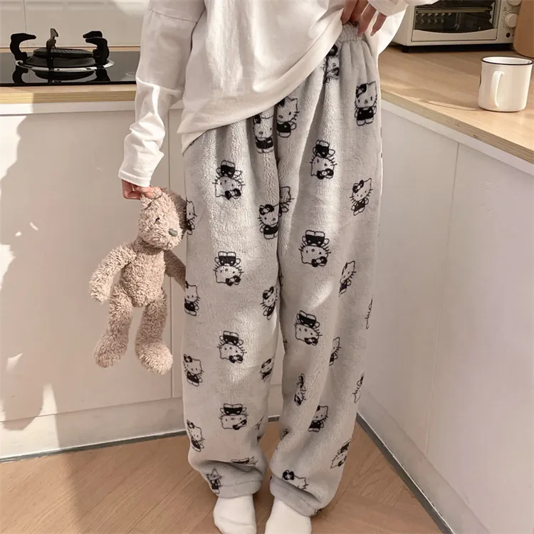 2025秋冬新款睡裤女长裤加绒加厚凯蒂猫印花珊瑚绒宽松简约可外穿