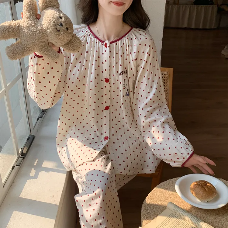 秋季新款睡衣女婴儿棉双层棉纱卡通休闲家居服长袖卡通KT猫可外穿
