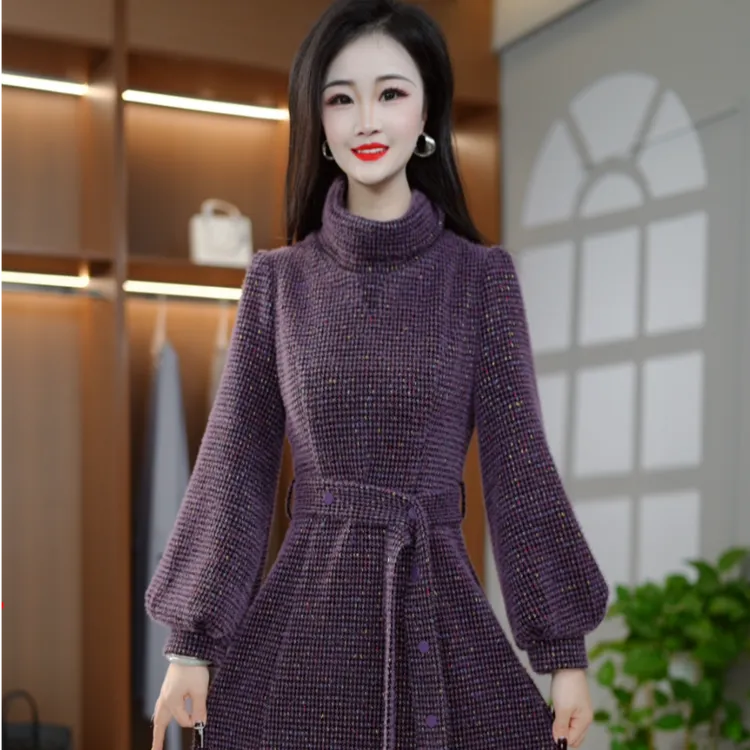 新款洋气高贵紫色格纹百搭修身连衣裙M-4XL