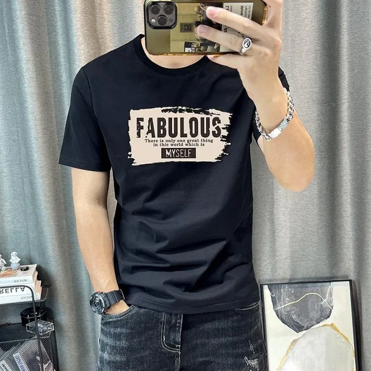 夏款青年韩版修身涂鸦字母印花时尚短袖t桖男潮流丝光棉T恤衫男T