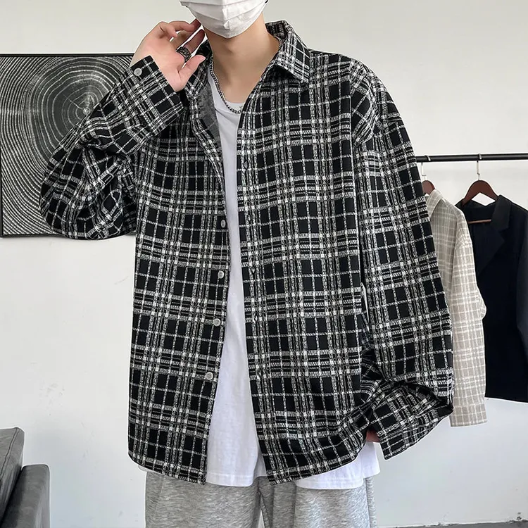 复古休闲格子免烫衬衫男士青年通勤外搭