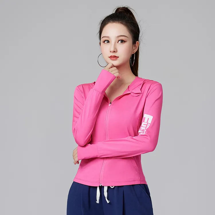 圣曳春夏健身时尚运动跑步显瘦长袖速干开衫外套防晒衣连帽女士