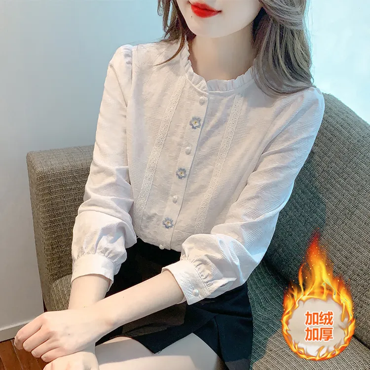 2025秋冬季新款女装加绒加厚衬衫女洋气全棉气质提花刺绣纯棉上衣
