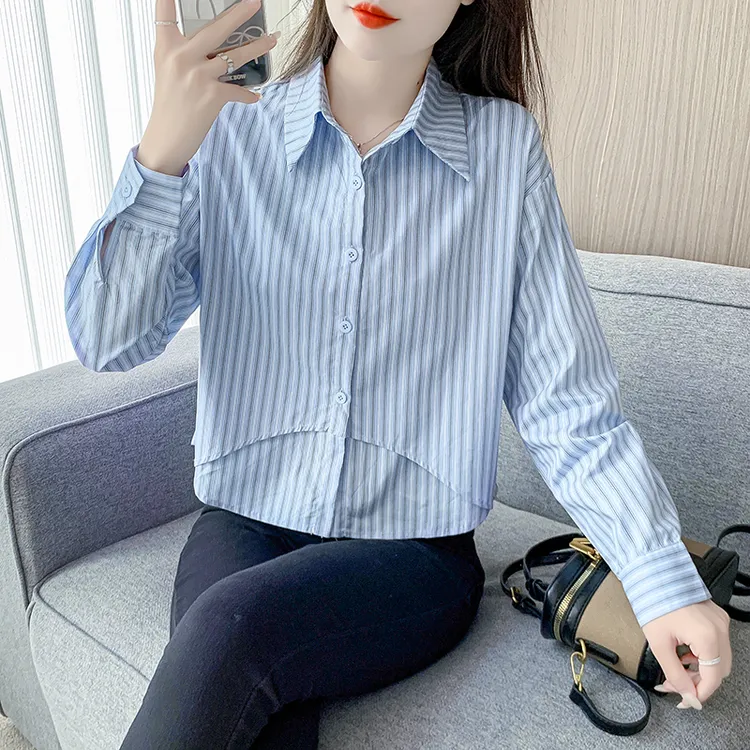 2024秋季新款时尚竖条纹衬衫女长袖小个子拼接设计感别致短款上衣