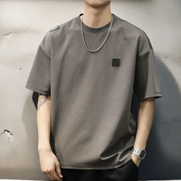 潮牌重磅短袖t恤男装美式复古圆领半袖衫衣服夏季宽松五分袖体恤