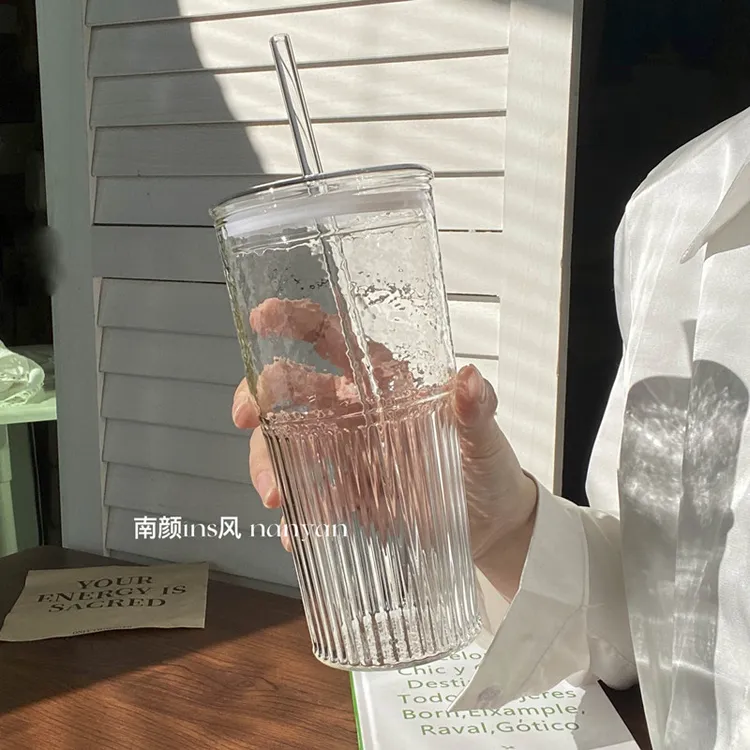 大容量韩系吸管耐热玻璃杯水果茶杯家用女生饮料果汁高硼硅喝水杯