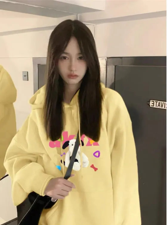 宽松显瘦卫衣卡通印花连帽加绒外套秋冬新款潮牌街头风中长款小众