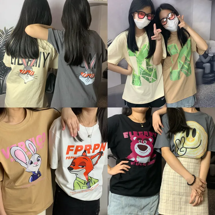 夏季纯棉T恤圆领短袖新款宽松韩版印花百搭情侣男女上衣ins闺蜜装